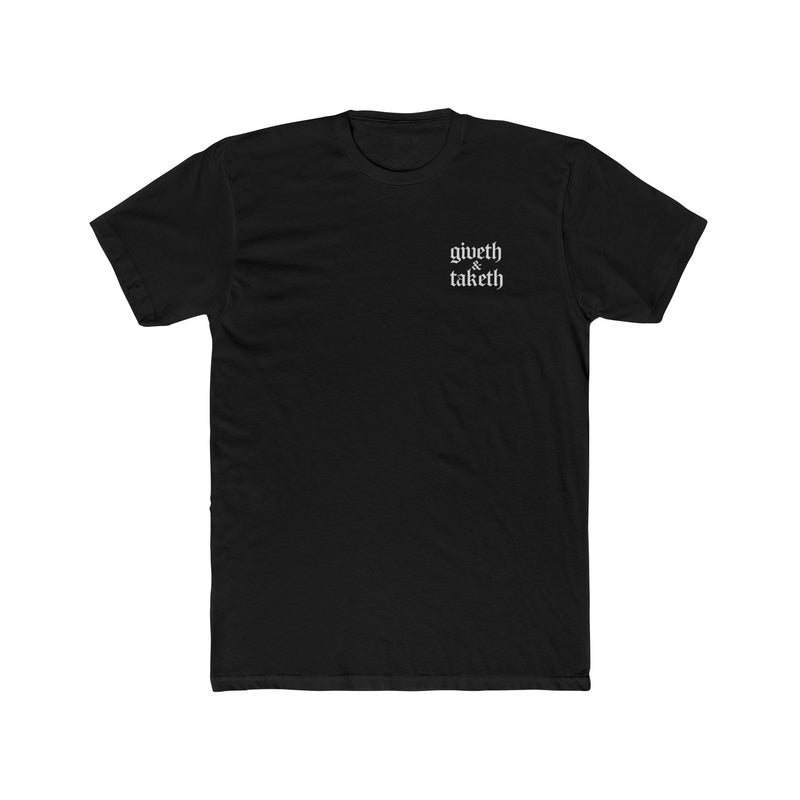 Fitted Tee — 'giveth taketh' Geometric Cross Back