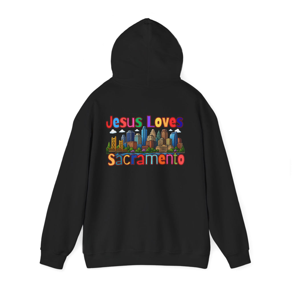 Hoodie — "Jesus Loves Sacramento" Colorful Skyline Pullover