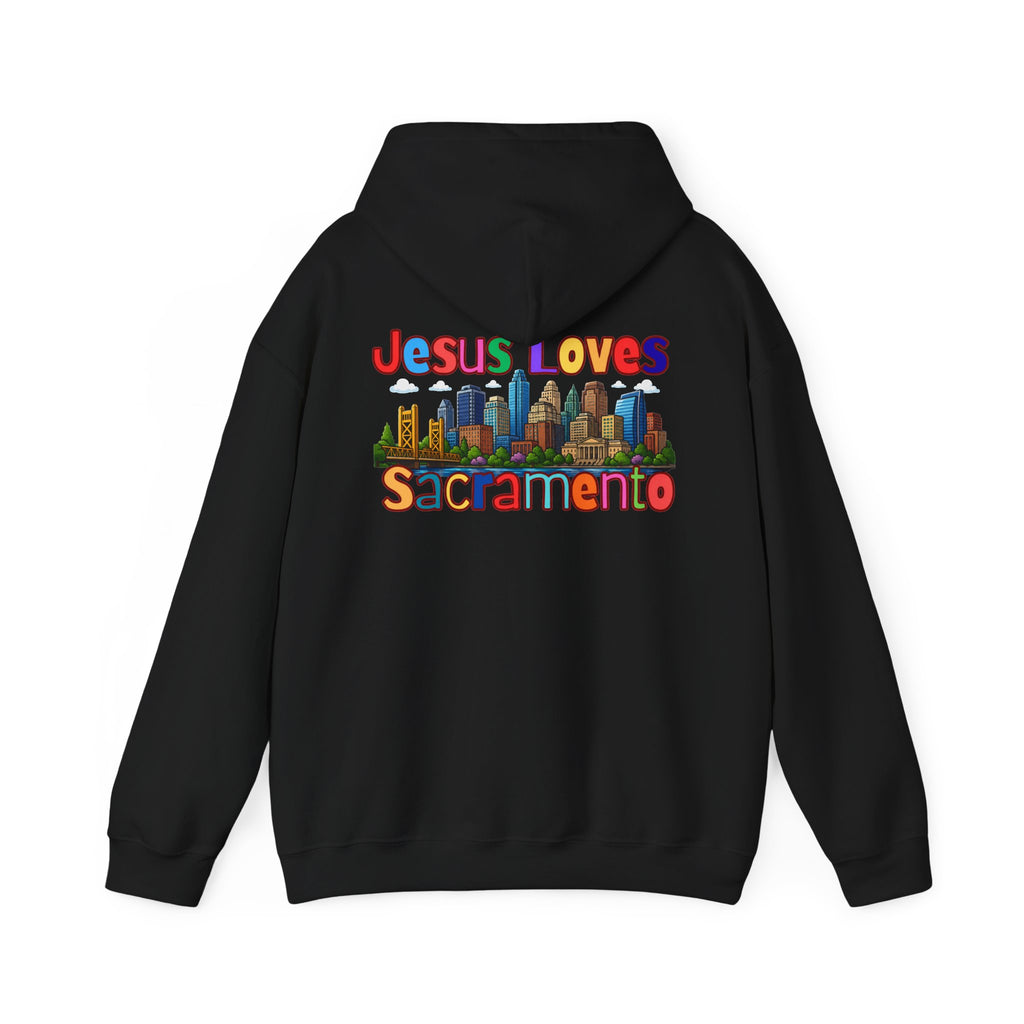 Hoodie — "Jesus Loves Sacramento" Colorful Skyline Pullover