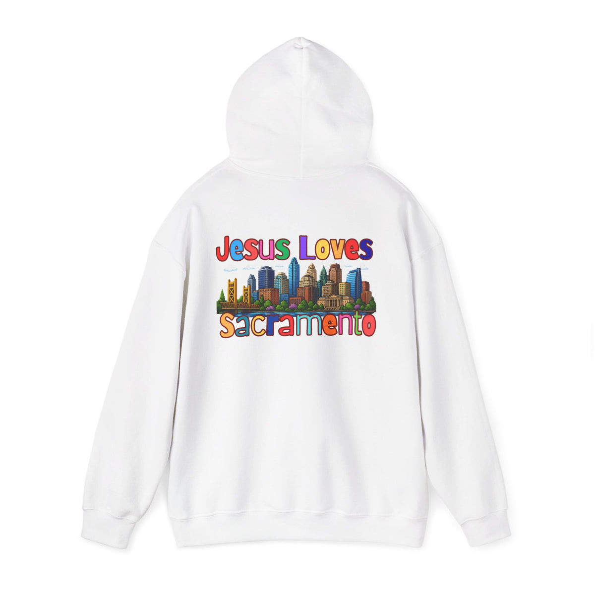 Hoodie — "Jesus Loves Sacramento" Colorful Skyline Pullover