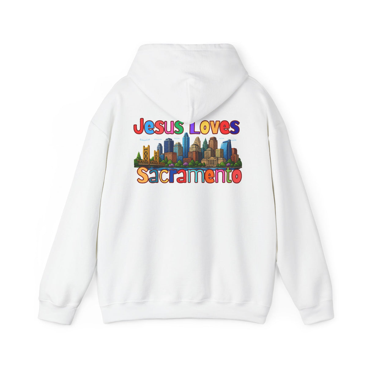 Hoodie — "Jesus Loves Sacramento" Colorful Skyline Pullover